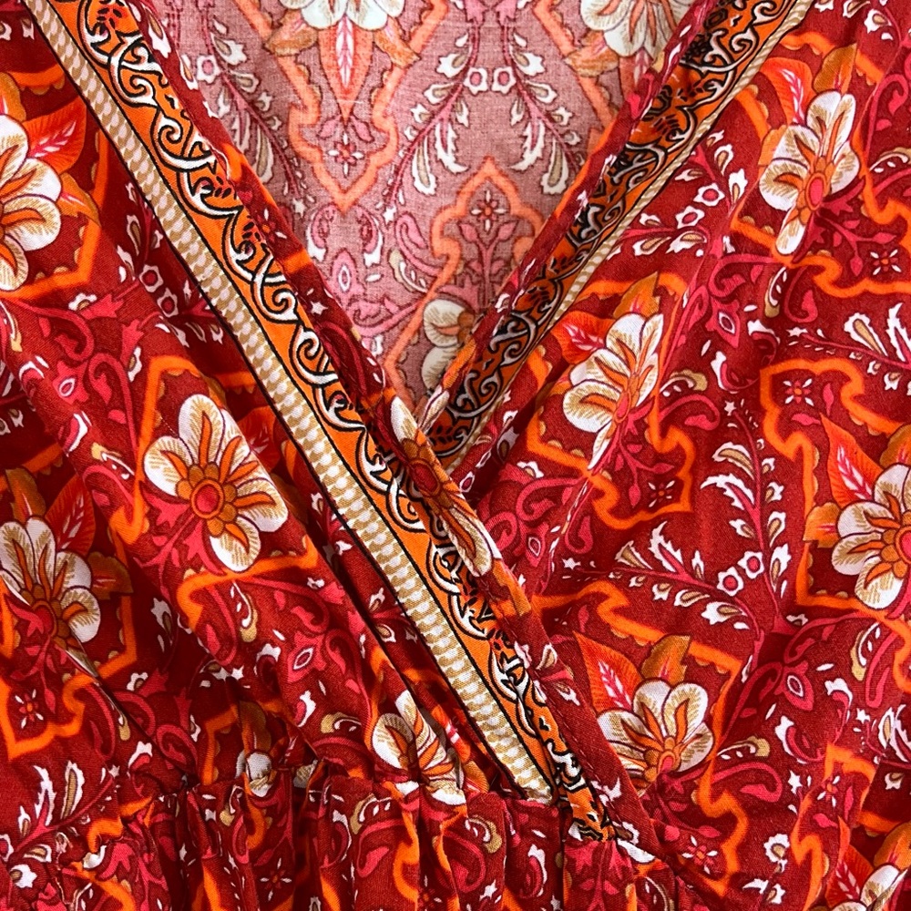 Brown Coco Boho Floral Paisley Faux Wrap Mini Dress 1XL Red Cottagecore Flare - Picture 5 of 11